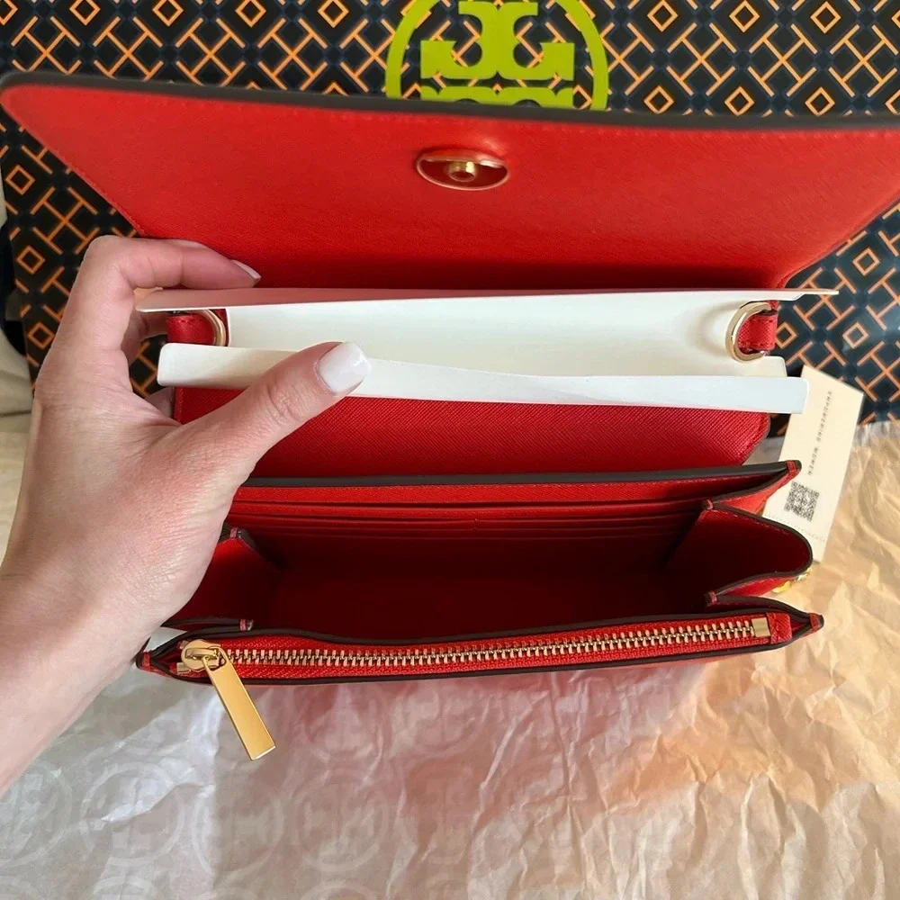 Tory Burch Emerson Chain Wallet Crossbody Bag Bright Samba Gold Red - Picture 6 of 14